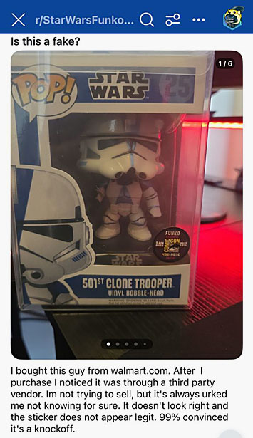 Is this a fak? *photo of SDCC 2012 501st Clone Trooper Funko Pop* I bought this guy from walmart.com. After I purchase I noticed it was through a third party vendor. I'm not trying to sell, but it's always irked me not knowing for sure. It doesn't look right and the sticker does not appear legit. 99% convinced it's a kockoff.