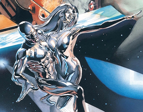 Two Silver Surfers, one male and one female, absolutely grinding against each other while drifting through space. Get a room, you two!