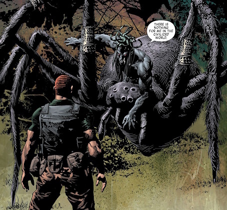 Ai Apaec, a man's torso emerging from a spider the size of a large van. He has fangs that nearly reach his chin and his eyes, respectively, and snakes emerge from the hair on the top of his head.