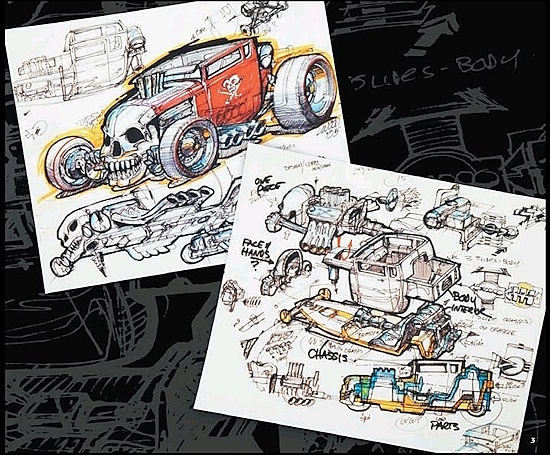 two pages of sketches outlining what the car would look like and how it would be created/assembled