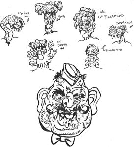 six versions of the weird little scalp-monster, none of which look like the final product. Also a design for an alternate head for Pizzaface himself.