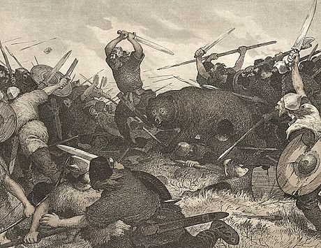 Bodvar Bjarki (right) joins king Rolf Krake in a battle against a Swedish ambush