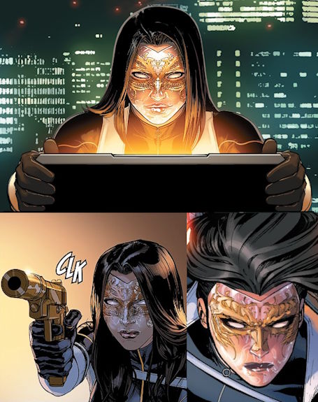 A collage of shots of Madame Masque, showing how different her face is from the rest of her skintone.