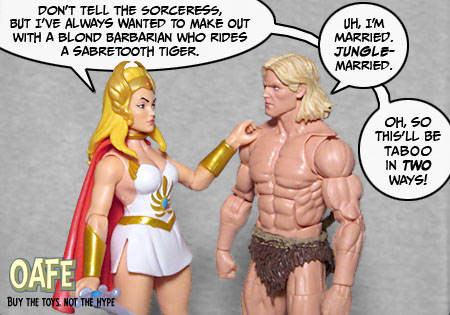 She-Ra rests her hand on Ka-Zar's bare chest appreciatively